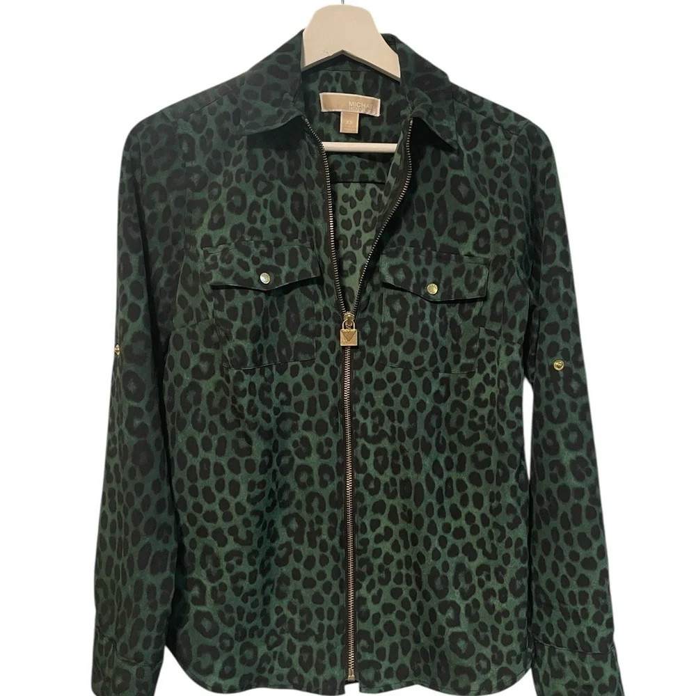 Michael Kors Dark Green and Black Leopard-Print Zip Jacket XS